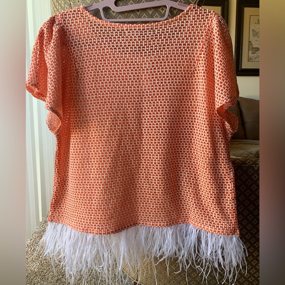 ANTHROPOLOGIE EVA FRANCO Feather Blouse Orange& White NWT ShortSleeves SZ L Rare - Picture 7 of 16
